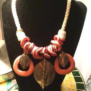 Plastic Rope Style Orange Gold Tone Necklace